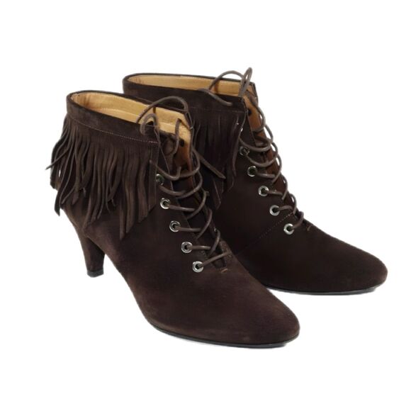 Maje Brown Velvet Y2K Boho Suede Lace-Up Fringe Booties, Size 6, VGUC, MSRP $500 - Picture 9 of 9